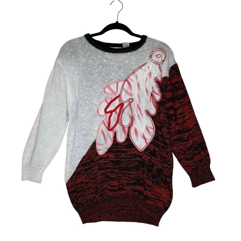 Vintage Sabra Sweater Two Tone With Appliqué Leaf Design Size M Artsy, 80’s/90’s